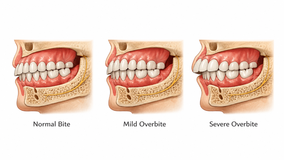 Diagnostic diagram comparing a normal bite, mild overbite, and severe overbite before Invisalign treatment in Guelph