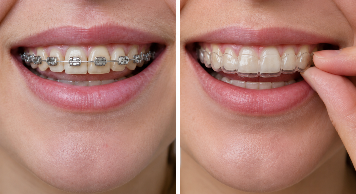 Invisalign vs. Traditional Braces Comparison in Guelph - Clear Aligner Tray Placement Side-by-side comparison of traditional metal braces and a clear Invisalign aligner tray being placed over the upper teeth in Guelph